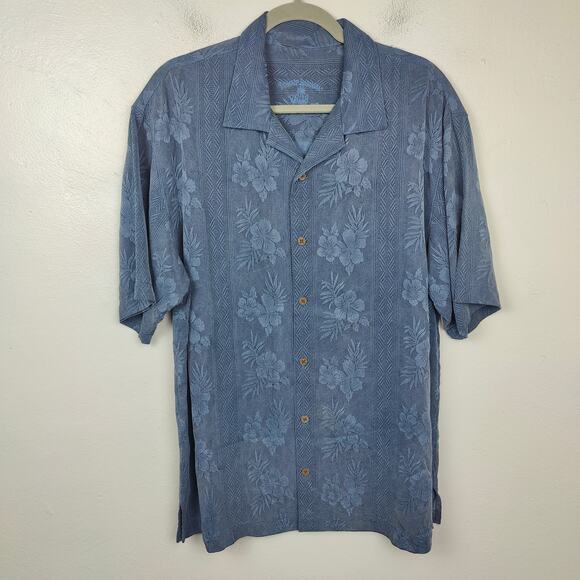 Tommy‎ Bahama Silk Button Up Shirt Mens Large Navy Blue Embossed Hawaiian  36 - Picture 1 of 6